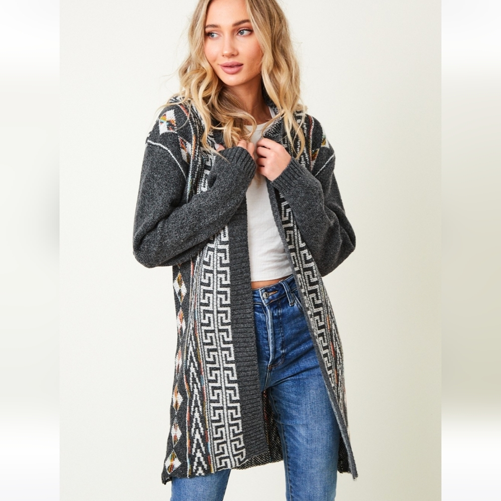New! Cozy Charcoal Gray Aztec Boho Knit Cardigan Sweater - Picture 4 of 10
